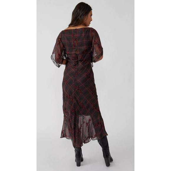 NEW FREE PEOPLE PLAID FALLEN FLOWERS MIDI DRESS SIZE 0 - Picture 4 of 14